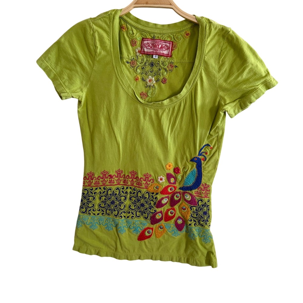 JWLA Johnny Was Vintage Peacock Embroidered Scoop Neck T-Shirt Womens Small
